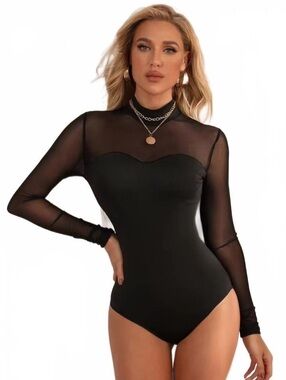 SHEIN Black Mesh Long Sleeve Bodysuit Size S